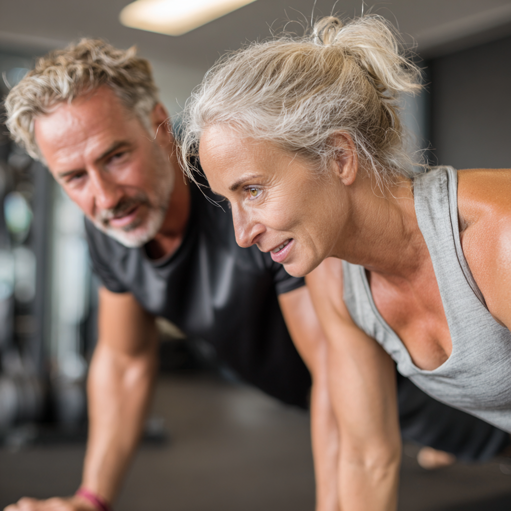 Experienced fitness trainer working with middle-aged client in personalized training session