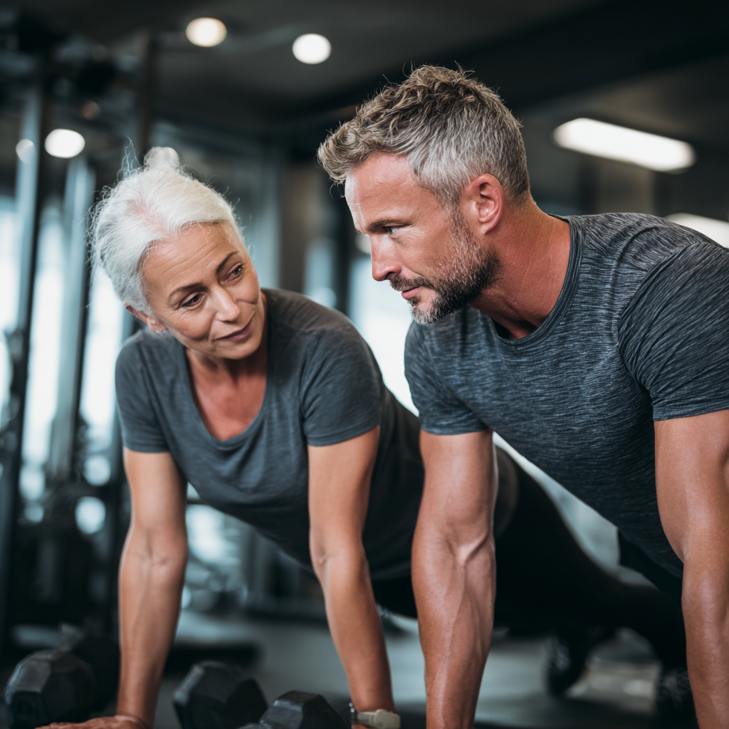 Professional fitness instructor helping mature adult with proper exercise form in modern gym